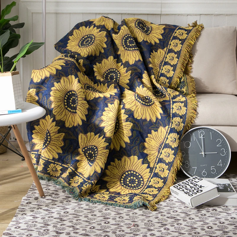 Boho Throw Blanket Fringe - Textile City Vintage Sunflower Daisy Woven