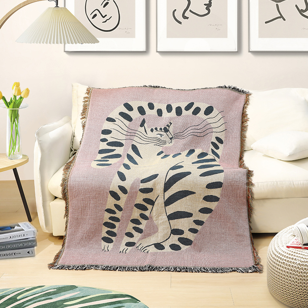 Boho Throw Blanket Fringe - Boho Abstract Cat Jacquard Throw Blanket